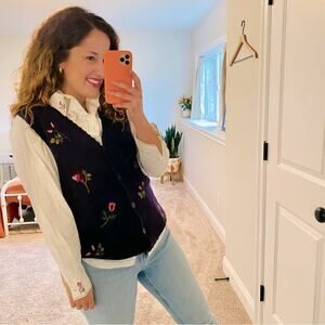 Deadstock Vintage Tulchan Purple Needlepoint Floral Top and Vest Set Small